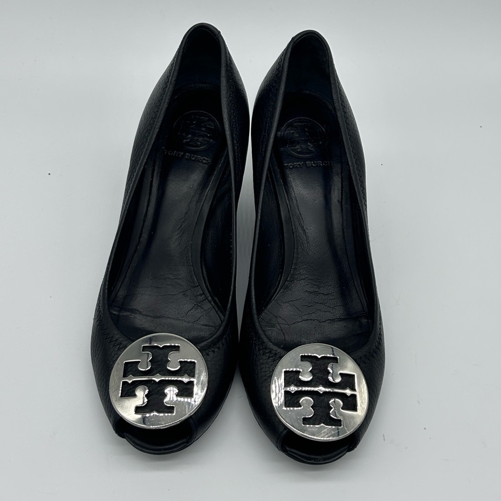 Tory Burch Sally 2 Black Peep Toe Leather Wedges Heels Size 8.5